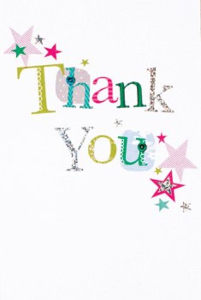 The design and mood of this thank you card evoke the creative spirit of Haggerston-each gracefully arranged letter shines with subdued exuberance. The typography dances between whimsical charm and subtle elegance: some letters playfully decorated with polka dots or curving stitches, others sleek and musical, every hue chosen for its character. Brilliant stars, striped in sparkling pink or awash in deep turquoise, cluster near the central message, their glint reminiscent of sunlight playing on the Regent's Canal after a summer rain. The crisp, modern layout breathes, giving each colourful detail room to be noticed, while the immaculate white background ensures nothing distracts from the sentiment. There is a refined, approachable style here, neither overly formal nor too casual, echoing the friendly, creative vibe that runs throughout Haggerston's streets and weekly markets. As a florist attuned to this local sensibility, I see in this card a universal warmth-a gesture that would pair beautifully with any bouquet to mark life's small and large appreciations. Its cheerful, heartfelt design lingers in memory, just as the feeling behind a sincere thank you always does.